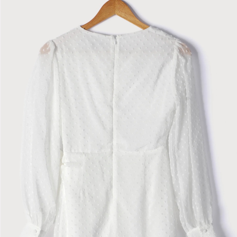 Lulus White Swiss Dot Long Sleeve Tie-Front Mini Dress - Picture 6 of 9
